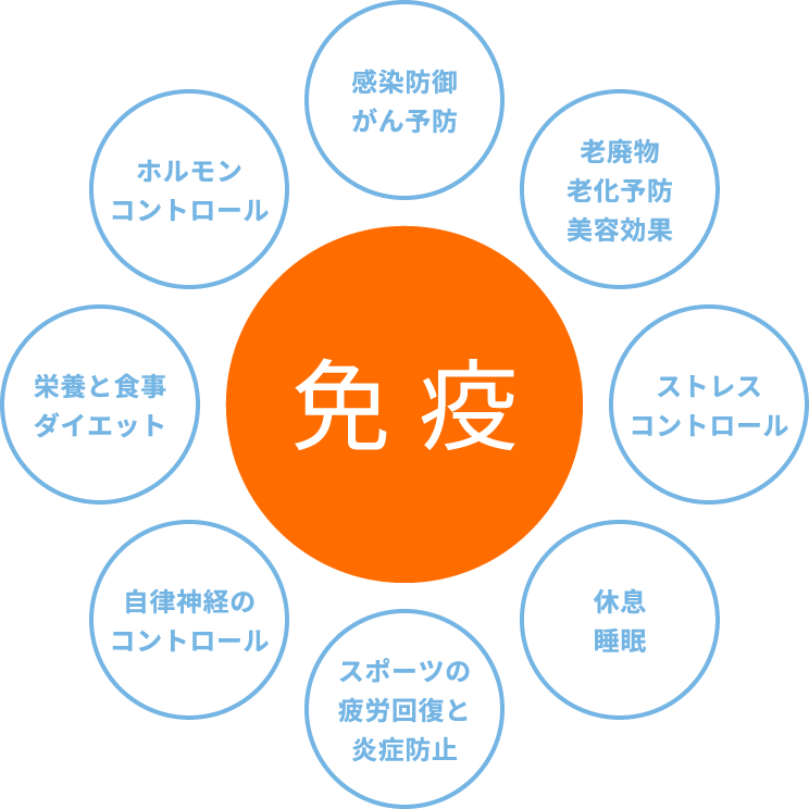 【免疫と生活の関係】感染防御がん予防／老廃物老化予防美容効果／ストレスコントロール／休息睡眠／スポーツの疲労回復と炎症防止／自律神経のコントロール／栄養と食事ダイエット／ホルモンコントロール